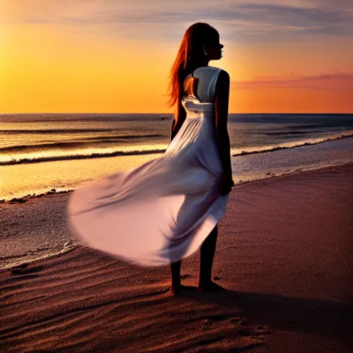 Image similar to a beautiful photograph of a woman in a white dress on the beach at sunset, by krysia lukkason