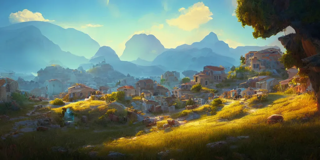 Image similar to Lively sunny landscape of a greek village realistic detailed digital art by Maxwell Boas Jessica Rossier Christian Dimitrov Anton Fadeev trending on Artstation CGSociety rendered in Unreal Engine 4k HQ