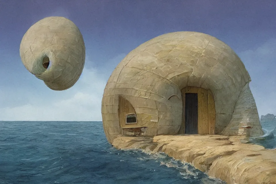Image similar to giant seashell shaped house where a lone fisherman lives, in the style of john harris and moebius