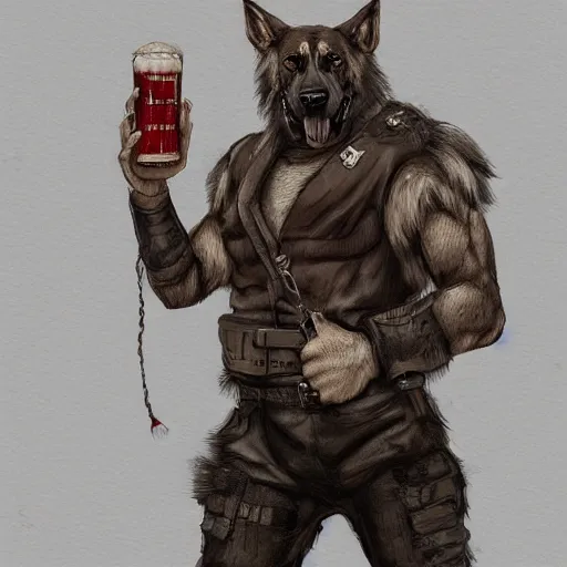 Image similar to a humanoid german shepherd beast - man in military style, holding a bottle of beer, artstation, concept art, smooth, sharp foccus ilustration, artstation