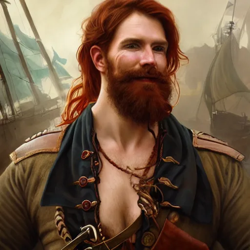 Prompt: portrait of a young pirate captain, male, rugged, masculine, handsome, upper body, red hair, long hair, cheerful, D&D, fantasy, intricate, elegant, highly detailed, digital painting, artstation, concept art, sensual, matte, sharp focus, illustration, art by Artgerm and Greg Rutkowski and Alphonse Mucha