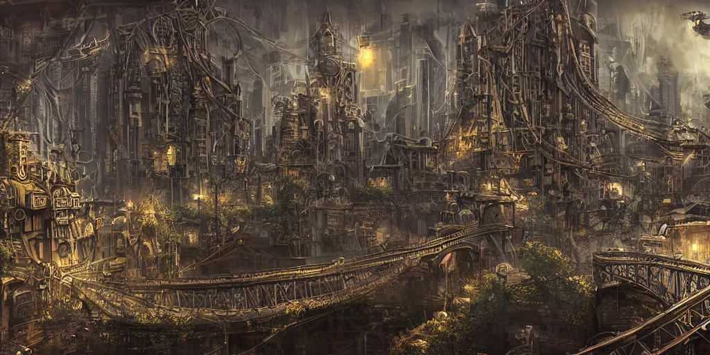 Image similar to Steampunk Haven, cityscape, rope bridges, high-quality wallpaper, desktopography