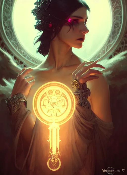 Image similar to Necromancer Sorceress, fantasy magic, undercut hairstyle, dark light night, intricate, elegant, sharp focus, illustration, highly detailed, digital painting, concept art, matte, art by WLOP and Artgerm and Greg Rutkowski and Alphonse Mucha, masterpiece