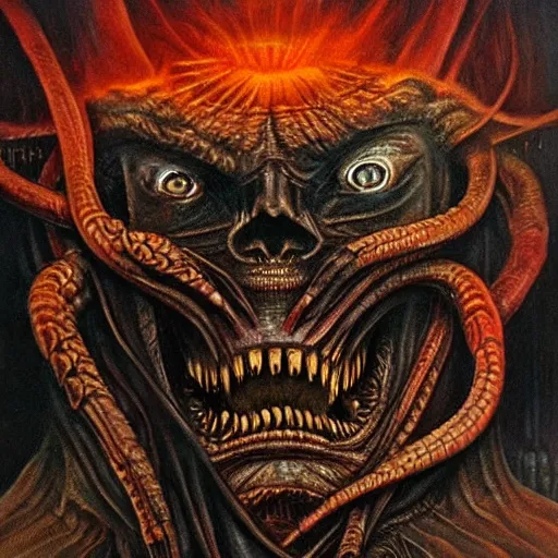 Prompt: closeup camera shot demonic figure wrapped in spiraling hellfire, metal album cover, demon staring into the camera, detailed oil painting by H. R. Giger.