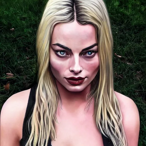 Image similar to realism tattoo design of margot robbie and nature mash up, in the style of arlo dicristina, amazing detail, face morph