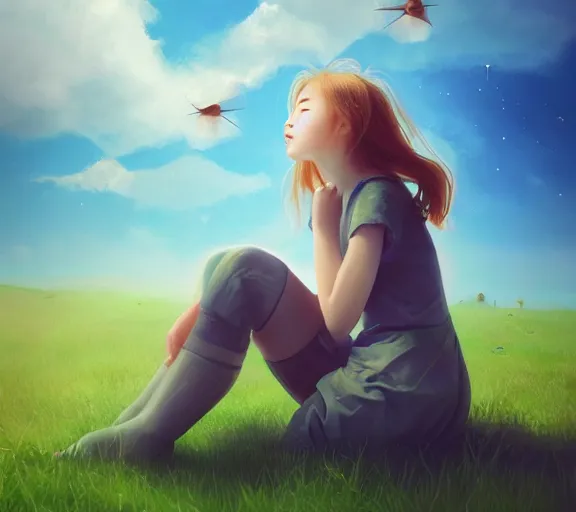 Prompt: girl sitting on a grass, looking at the sky, Medieval Futurism, Retrofuturism, medieval, science fiction by JeeHyung lee, Anna Nikonova aka Newmilky, trending on artstation, 2D art, 2dcg #digital art #cute #girls photoshop