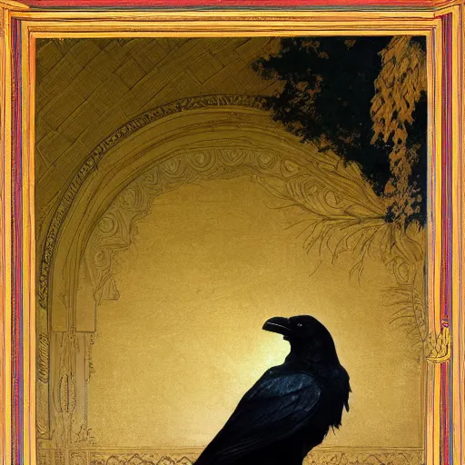 Image similar to beautifully detailed portrait of a detailed raven looking at a book laid out on a golden silk cloth, in a serene beautiful stone arched garden at beautiful sunrise by pascal blanche and frederic leighton and by rosetti and sidney cooper, 4 k, artstation