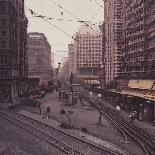 Prompt: city street at 1 9 3 0 s. low angle. old photo. atmospheric. skyscrapers. vivid colours. epic scene. trending on trainstation. 4 k. very high detailed.