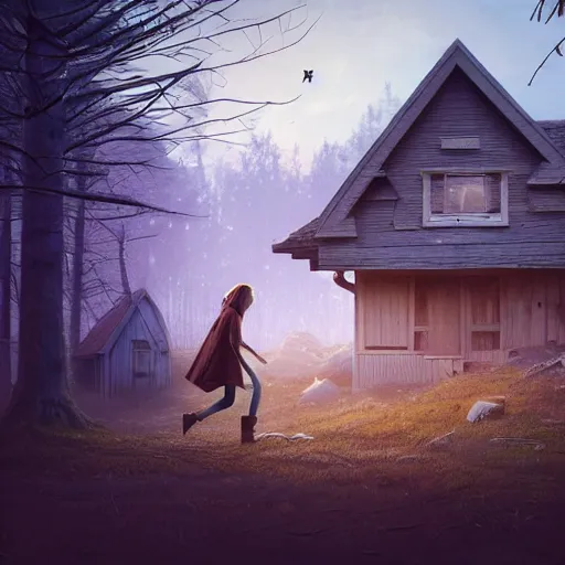 Image similar to woman leaving her wooden broken house by simon stålenhag, very highly detailed, award winning, rendered by Beeple, by Makoto Shinkai, syd meade, starwars, space art concept, digital art, unreal engine, blender, WLOP, trending on artstation, 4K UHD image, octane render