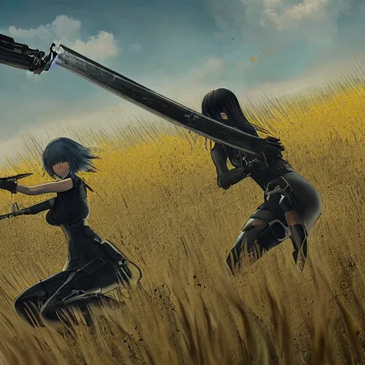 Image similar to a high resolution very detailed image of a 2 with a sword in russian tank boss fight from nier : automata in yellow rye field under pure blue skies