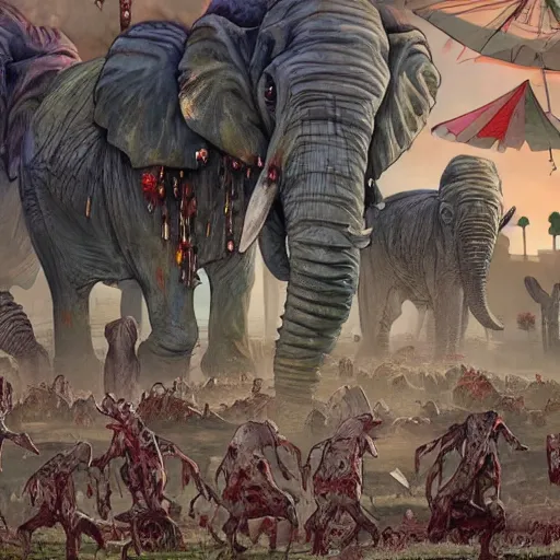Image similar to giant zombie elephants destroying a city