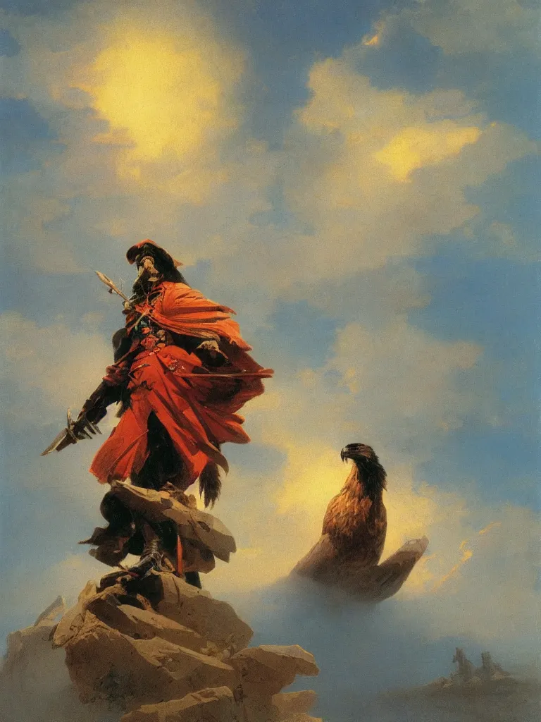 Image similar to noble hero portrait with an eagles head in rogue attire, by jack kirby italo calvino and ivan aivazovsky,