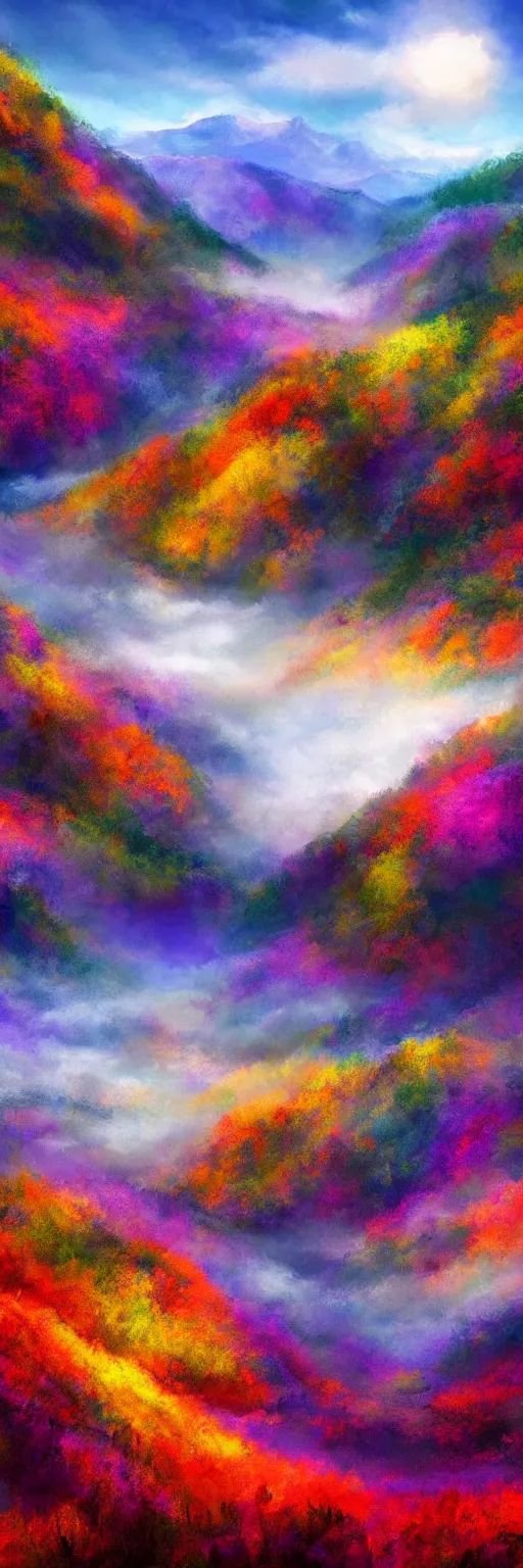 Prompt: magical landscape, mountains, misty, colorful, abstract, digital art