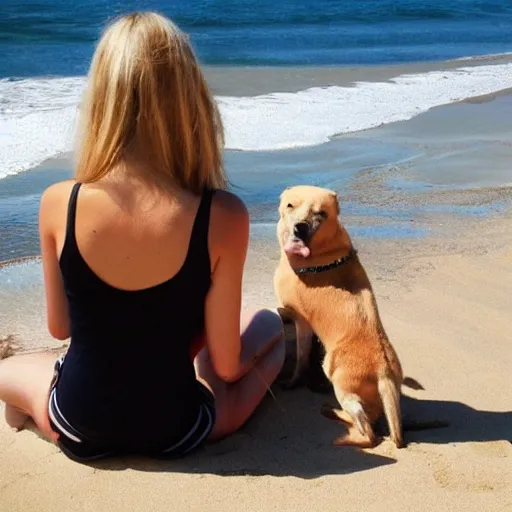 Image similar to blonde girl with a dog sitting by the beach