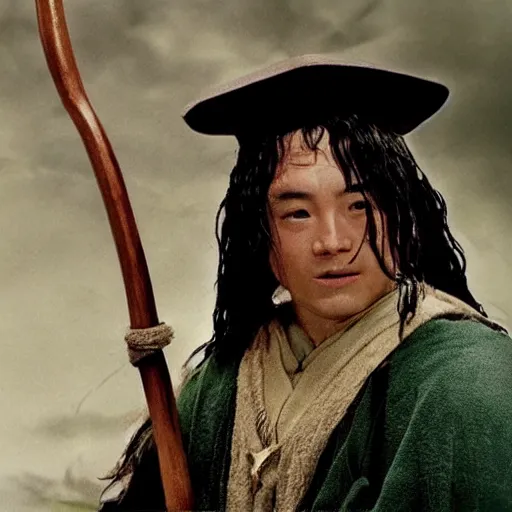 Image similar to a still from “ lord of the rings ” of a head and shoulders portrait of fei lung as a wizard with a hat and a wooden staff, photo by phil noto