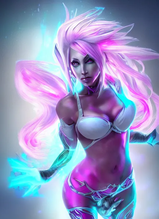 Prompt: vibrant syndra, from league of legends, white hair, pink magic, hyper detailed, digital art, au naturel, with abs, trending in artstation, cinematic lighting, studio quality, smooth render, unreal engine 5 rendered, octane rendered, art style by klimt and nixeu and ian sprigger and wlop and krenz cushart