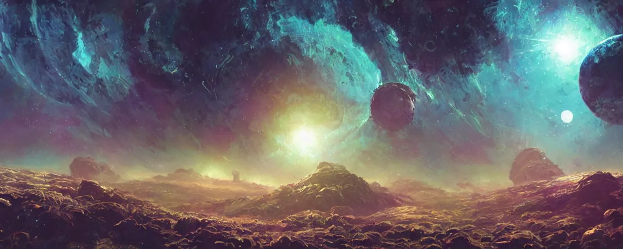 Image similar to ” outer planet landscape at pitchblack night, [ cinematic, detailed, epic, widescreen, opening, establishing, mattepainting, photorealistic, realistic textures, octane render, art by paul lehr ] ”