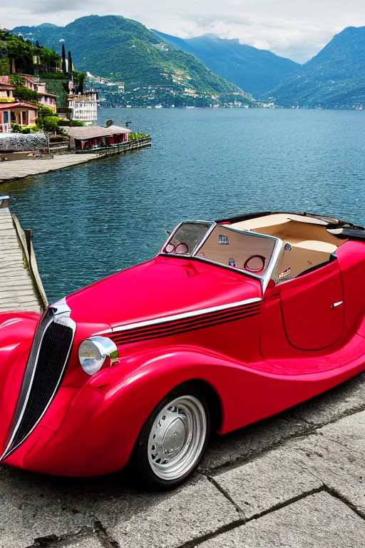 Prompt: Photo of a red 1939 Delahaye parked on a dock with Lake Como in the background, wide shot, daylight, dramatic lighting, award winning, highly detailed, 1980s, luxury lifestyle, fine art print, best selling.