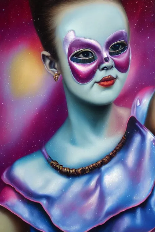 Image similar to hyperrealism oil painting, close - up portrait of commedia dell'arte fashion woman model, gradient mixed with nebula sky, in style of baroque