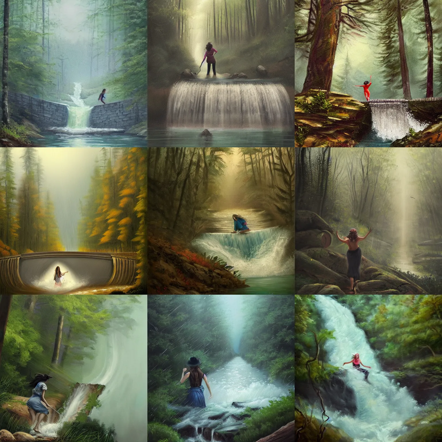 Prompt: beautiful painting of a woman pushing a huge dam in a forest landscape, raining, trending on artstation