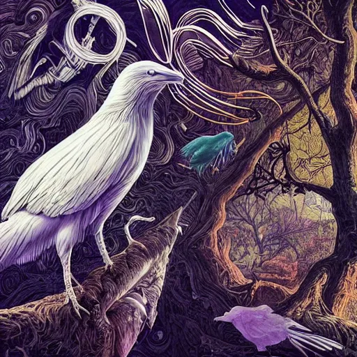 Image similar to white crow bringing rabbit leg to a witch by Android Jones and M. C. Escher collaboration, futurist, digital art, dramatic lighting