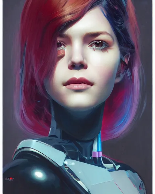 Image similar to dark portrait of a half - robot woman with cute - fine - face, pretty face, multicolored hair, realistic shaded perfect face, fine details by realistic shaded lighting poster by ilya kuvshinov katsuhiro otomo, magali villeneuve, artgerm, jeremy lipkin and michael garmash and rob rey