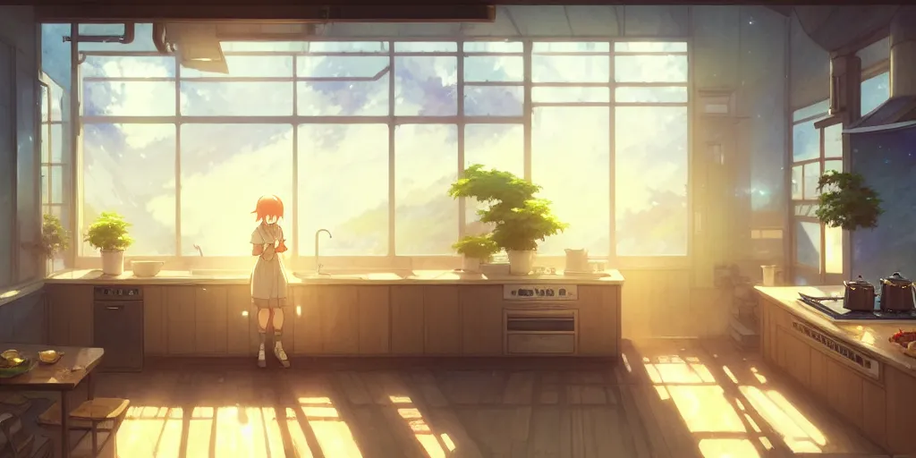 Image similar to interior background art, bright window lit kitchen, morning, steaming food on the stove, wooden floors, houseplants, cottage decor, anime, trending on pixiv fanbox, painted by greg rutkowski makoto shinkai takashi takeuchi studio ghibli, akihiko yoshida