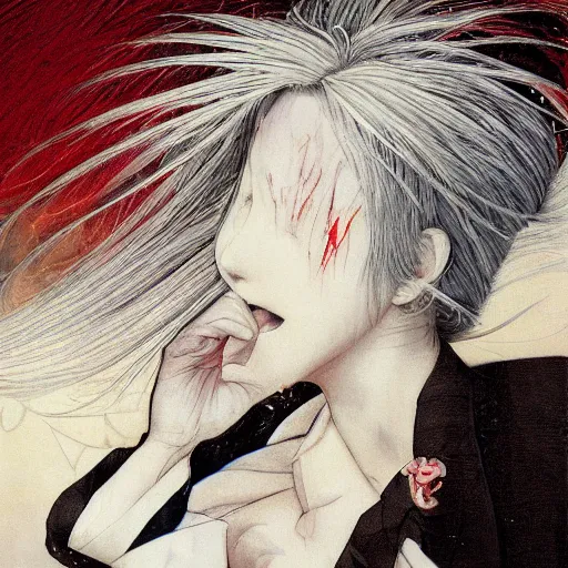 Image similar to Yoshitaka Amano realistic illustration of an anime girl with white hair and cracks on her face wearing dress suit with tie fluttering in the wind, abstract black and white patterns on the background, noisy film grain effect, highly detailed, Renaissance oil painting, weird portrait angle