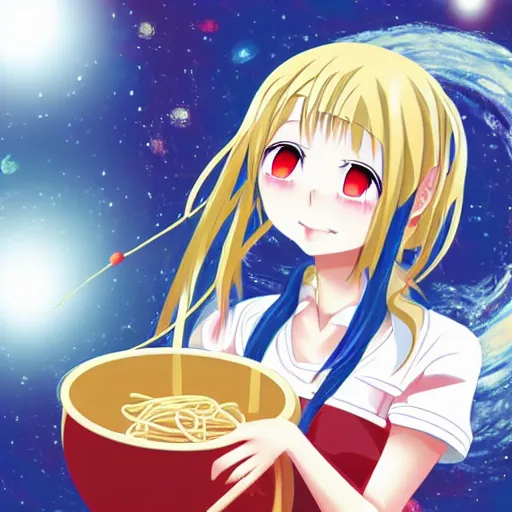 Image similar to Yandere anime girl smiling whilst holding a bowl of spaghetti in space, digital art