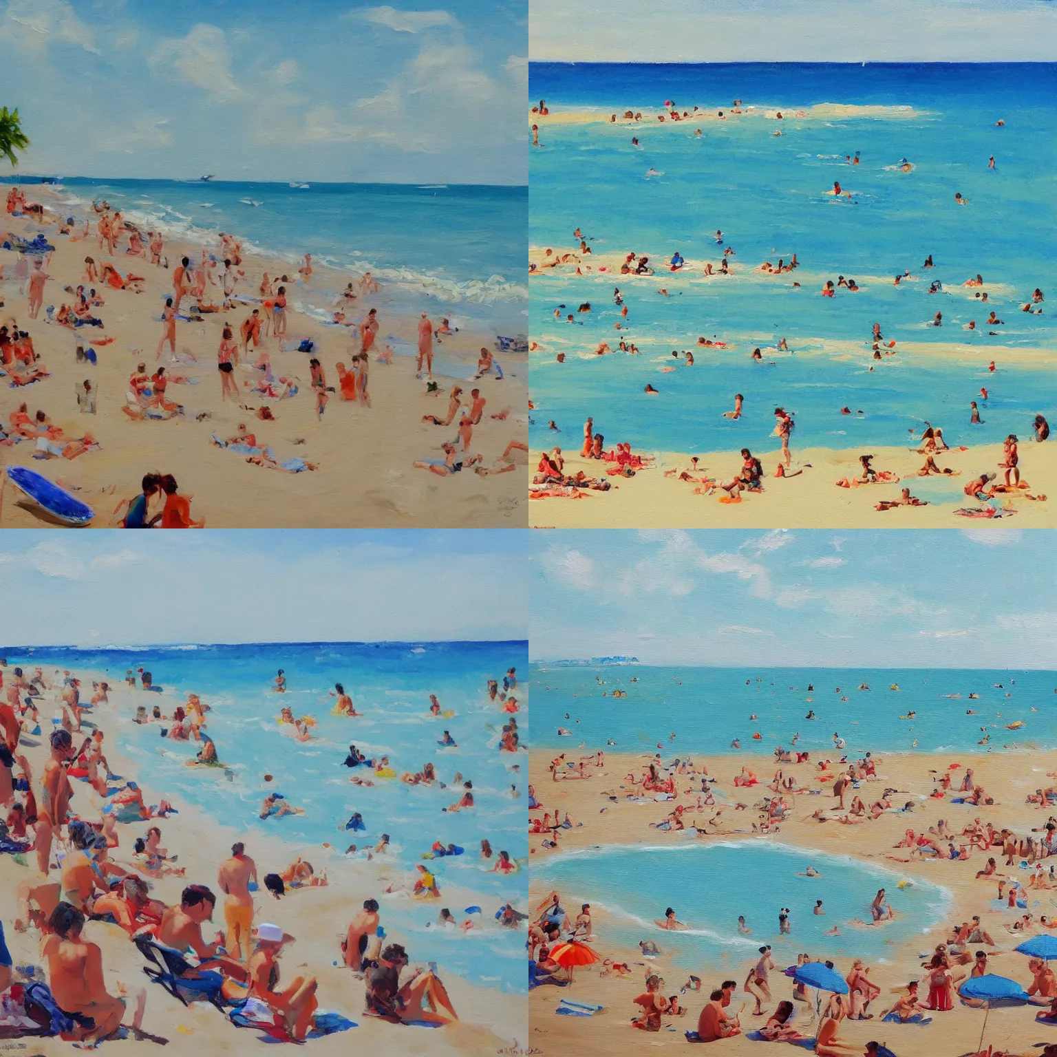 Prompt: Hot sunny beach seeing lots of people swimming and paddling in the sea, painted in a loose painterly style