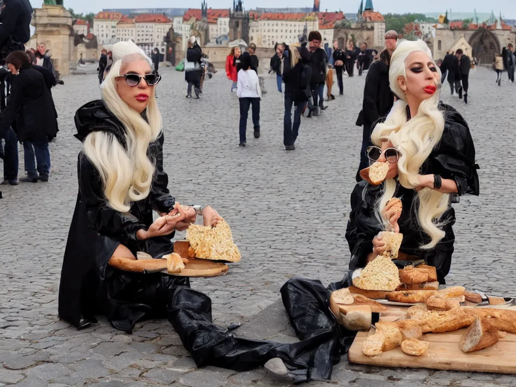 Image similar to Lady Gaga eating bread on Charles Bridge