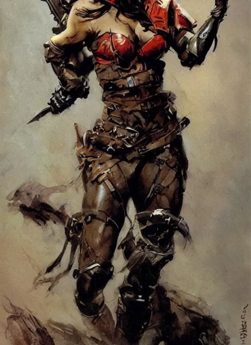 Image similar to portrait of strong female ranger, beautiful! coherent! by frank frazetta, by brom, strong line, deep color, leather armor, short buzzed hair, high contrast