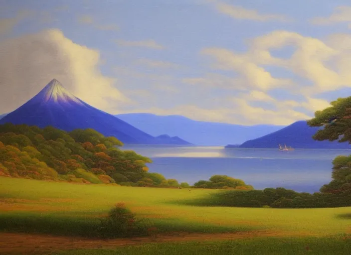 Image similar to hokkaido, japan in the style of hudson river school of art, oil on canvas