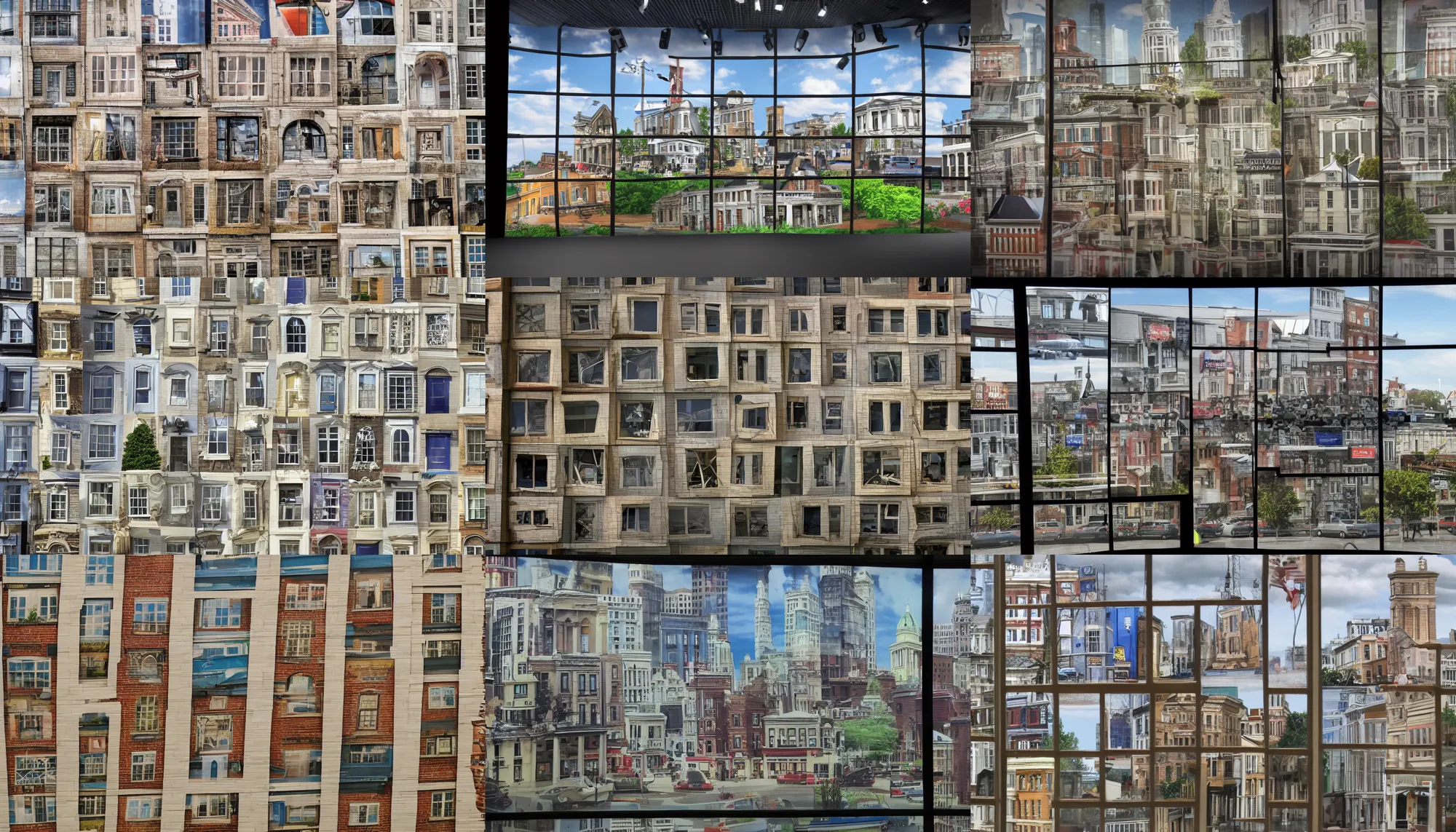 Prompt: A backdrop for the set of a news show depicting buildings from a very small town, jumbled together, seen through simulated windows, closeup,