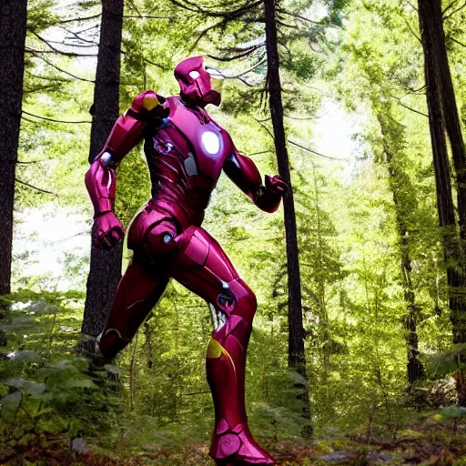 Prompt: trailcam footage of iron man running in the forest