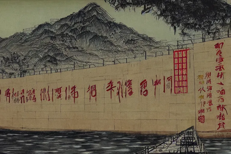 Image similar to a chinese prison near a river by peter doig, overlaid with chinese adverts