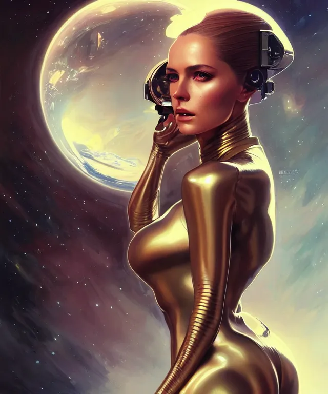 Image similar to futuristic Bodycon spacesuit of an alluring woman portrait, sci-fi, amber eyes, face, long hair, fantasy, intricate, elegant, highly detailed, digital painting, artstation, concept art, smooth, sharp focus, illustration, art by artgerm and greg rutkowski and alphonse mucha