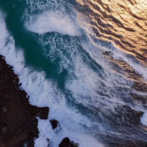 Image similar to waves hitting a cliff, beautiful ambient light, top down drone shot, 8k