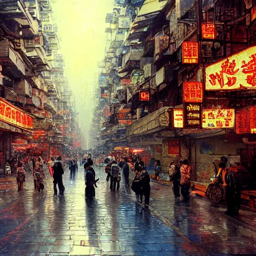 Prompt: Kowloon street city hyperrealism, no blur, 4k resolution, ultra detailed, bears, style of John Berkey, Norman Rockwell, Hans Thoma, Ivan Shishkin, Tyler Edlin, Thomas Kinkade