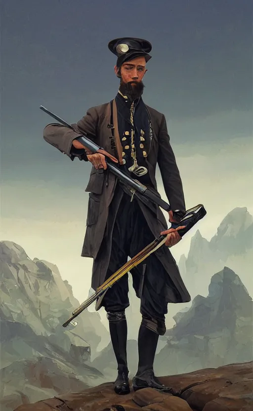 Image similar to professional painting of John Brown holding a futuristic rifle, wearing men's 1800s garb, intricate, elegant, digital painting, concept art, smooth, sharp focus, illustration, art nouveau, by Ruan Jia and Dan Mumford and Mandy Jurgens and Artgerm and William-Adolphe Bouguerea