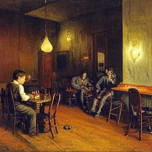 Image similar to ice cream parlor ( 1 8 5 0 ). the room is dimly lit with a one flickering lightbulb. the ice cream case has leaked runny ice cream onto the floor, the shape of the leak is reminiscent of werewolf fangs. there is an eerie blue electric glow. by thomas eakins