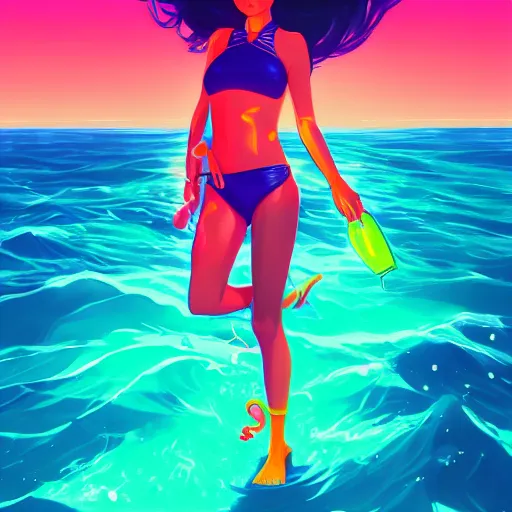 Image similar to neon bikini woman in the ocean | hyperrealistic digital painting by makoto shinkai, ilya kuvshinov, lois van baarle, rossdraws | afrofuturism in the style of hearthstone and overwatch, trending on artstation