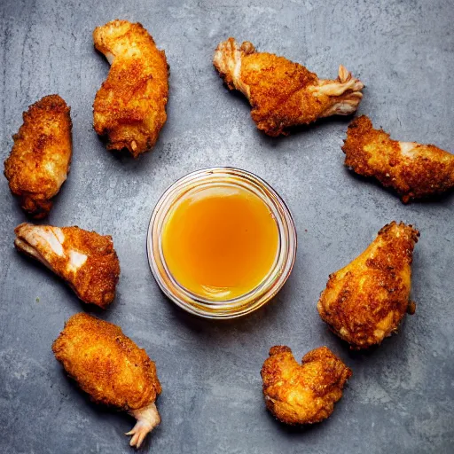 Image similar to chicken honey, honey with fried chicken floating inside the jar, we make our honey fresh with batches of chicken, food product promo, studio photography