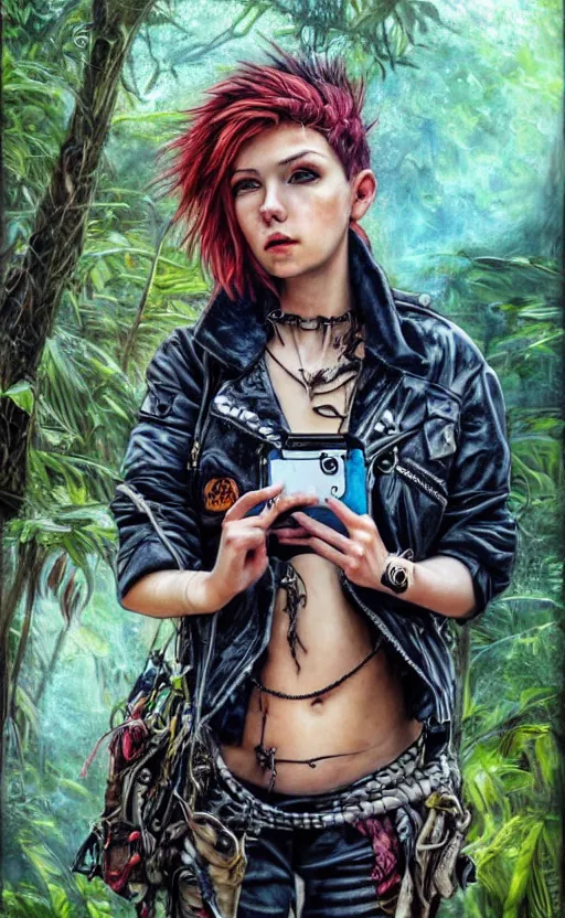 Image similar to cute punk rock girl making selfie in jungles, mad max jacket, renaissance, cables on her body, hyper realistic style, oil painting, highly detailed, fantasy by Olga Fedorova