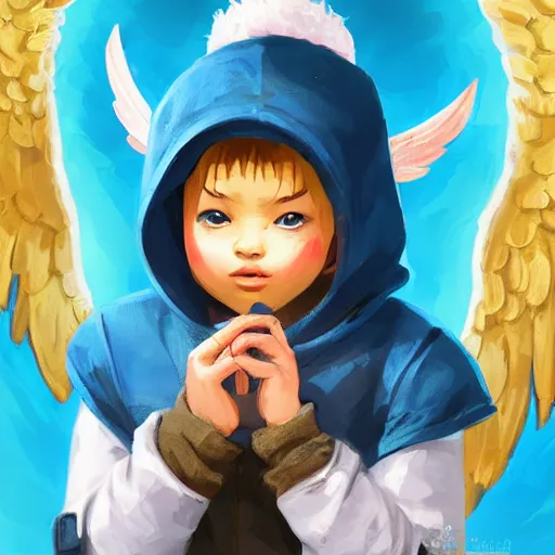 Image similar to baby Angel cherub, ski mask, balaclava, wearing angel halo covered face, hoodie, hip hop golden necklace fantasy art apex fortnite Video game icon, 2d game art gta5 cover , official fanart behance hd artstation by Jesper Ejsing, by RHADS, Makoto Shinkai and Lois van baarle, ilya kuvshinov, rossdraws