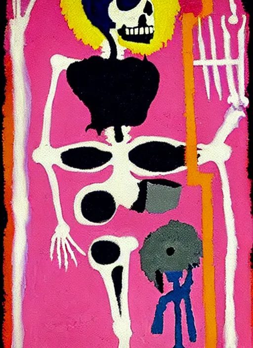 Image similar to pixel decollage painting tarot death card composition pink haired skeleton chef cook in a medieval crowded kitchen, painted by mark rothko, helen frankenthaler, danny fox and hilma af klint, pixelated, expressionism