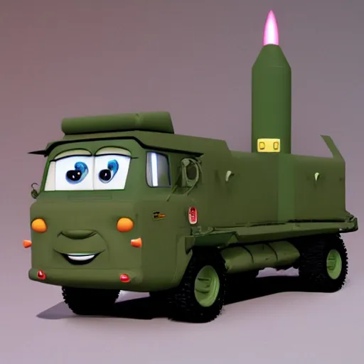 Image similar to HIMARS with rockets, Cars Pixar movie style, detailed, green