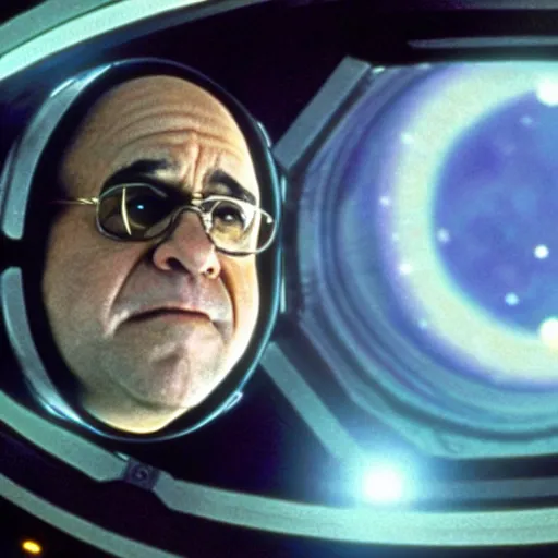 Prompt: A still of Danny Devito in the Stargate sequence in 2001: A Space Odyssey