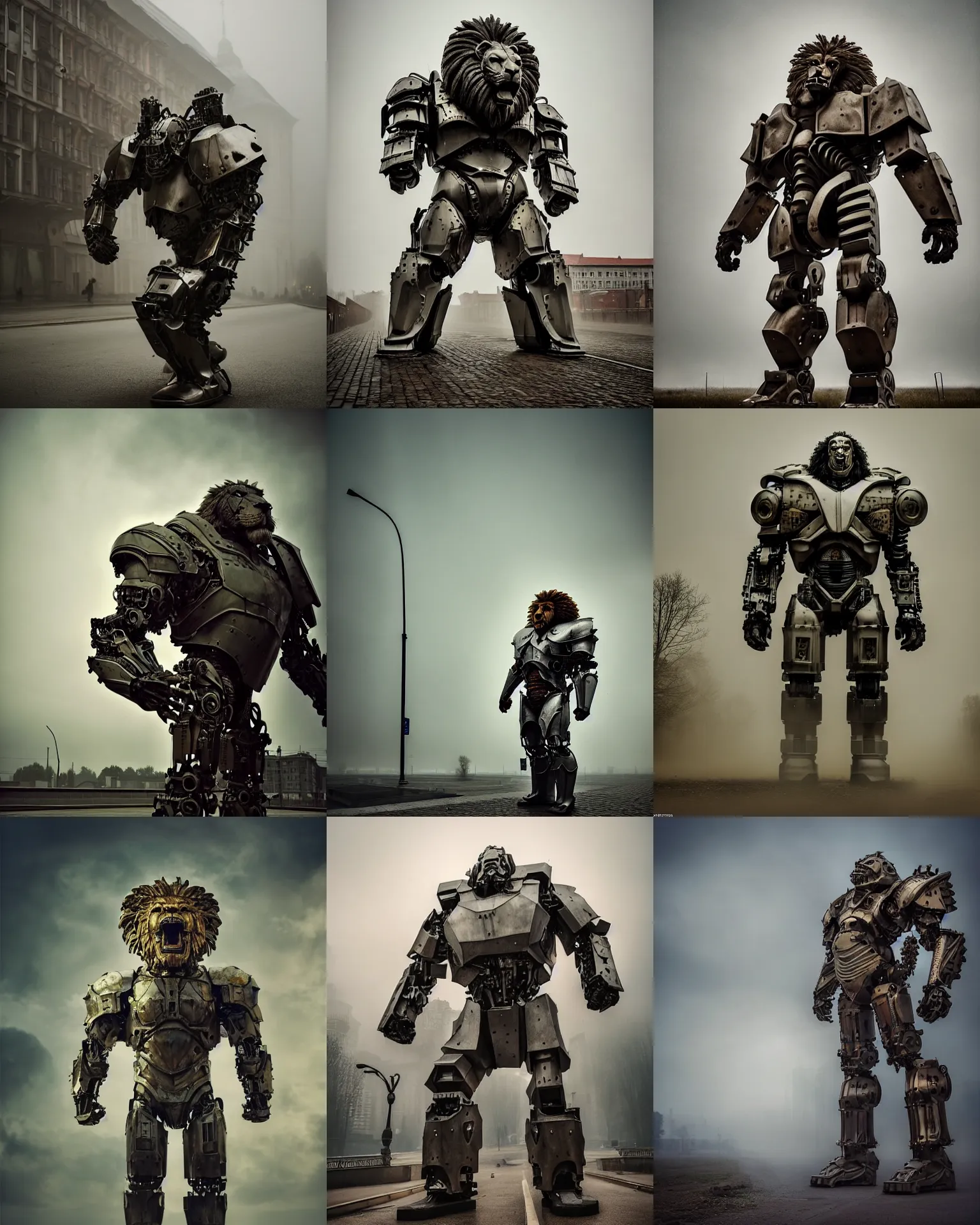 Prompt: epic pose!!! giant oversized battle armor cyborg anthropomorphic lion rugged hulked, in legnica, full body, cinematic focus, polaroid photo, vintage, neutral dull colors, soft lights, foggy mist, by oleg oprisco, by thomas peschak, by discovery channel, by victor enrich, by gregory crewdson