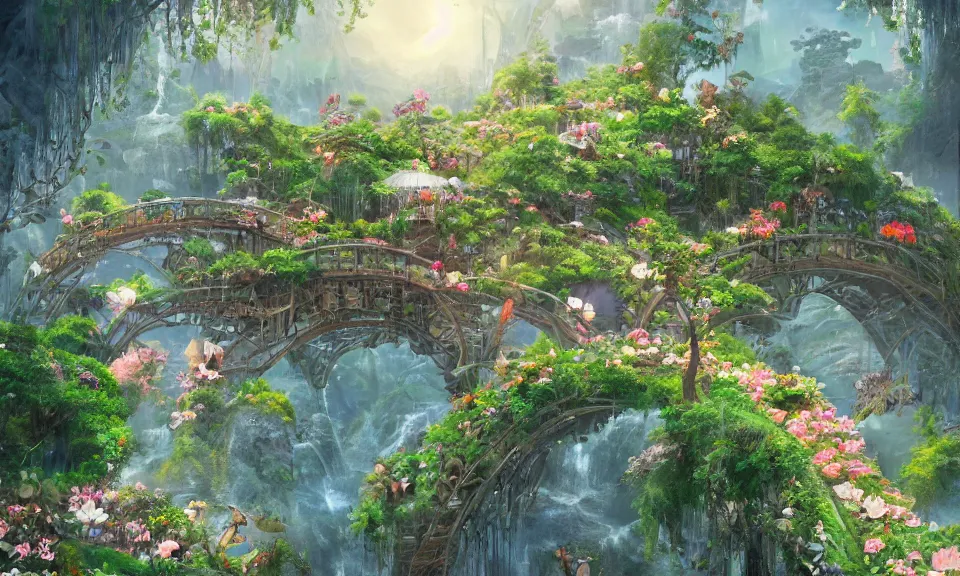 Image similar to a beautiful nature civilization, fancy, flowers, bridges, nature city, people, tree houses, trending on artstation, behance, deviantart